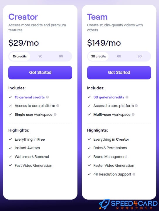 HeyGen会员代充值代购代付Creator和Team会员 - Speed4Card.com专业充值平台
