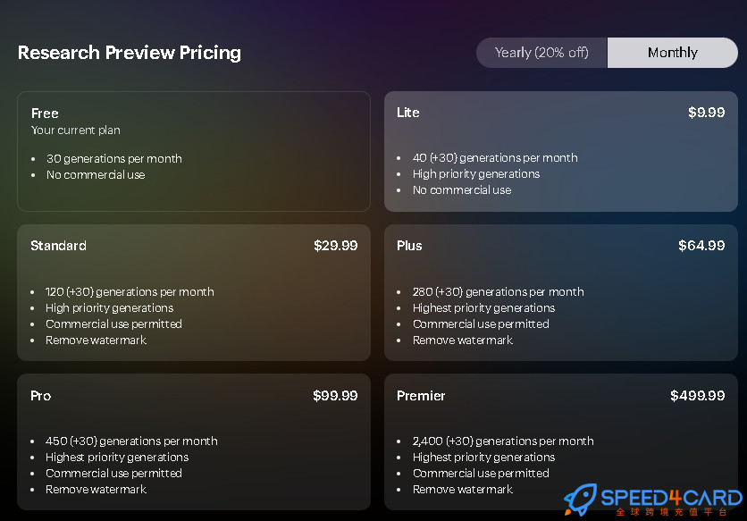 Lumalabs代购代付订阅AI [人工代购]套餐- Speed4Card专业充值平台