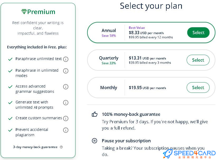 Quillbot Paraphraser代购代付订阅AI [人工代购]套餐- Speed4Card专业充值平台