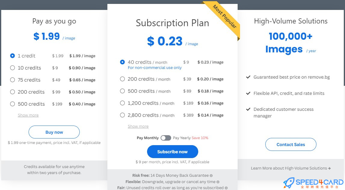 Remove.bg套餐选择 -Speed4Card专业充值平台