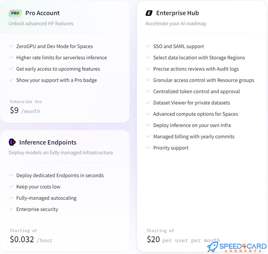 Hugging Face套餐 -Speed4Card专业充值平台
