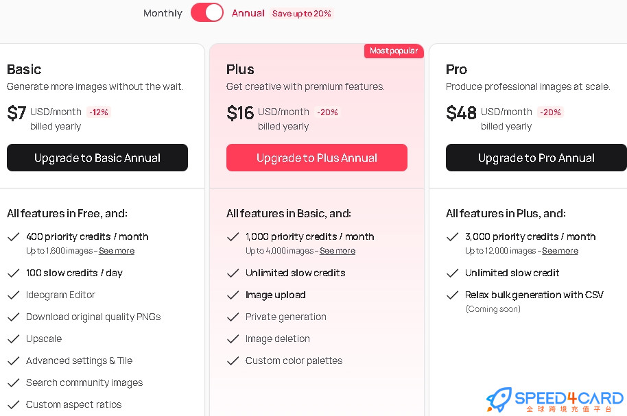 ldeogram AI代购代付会员套餐 【人工代购】套餐- Speed4Card专业充值平台