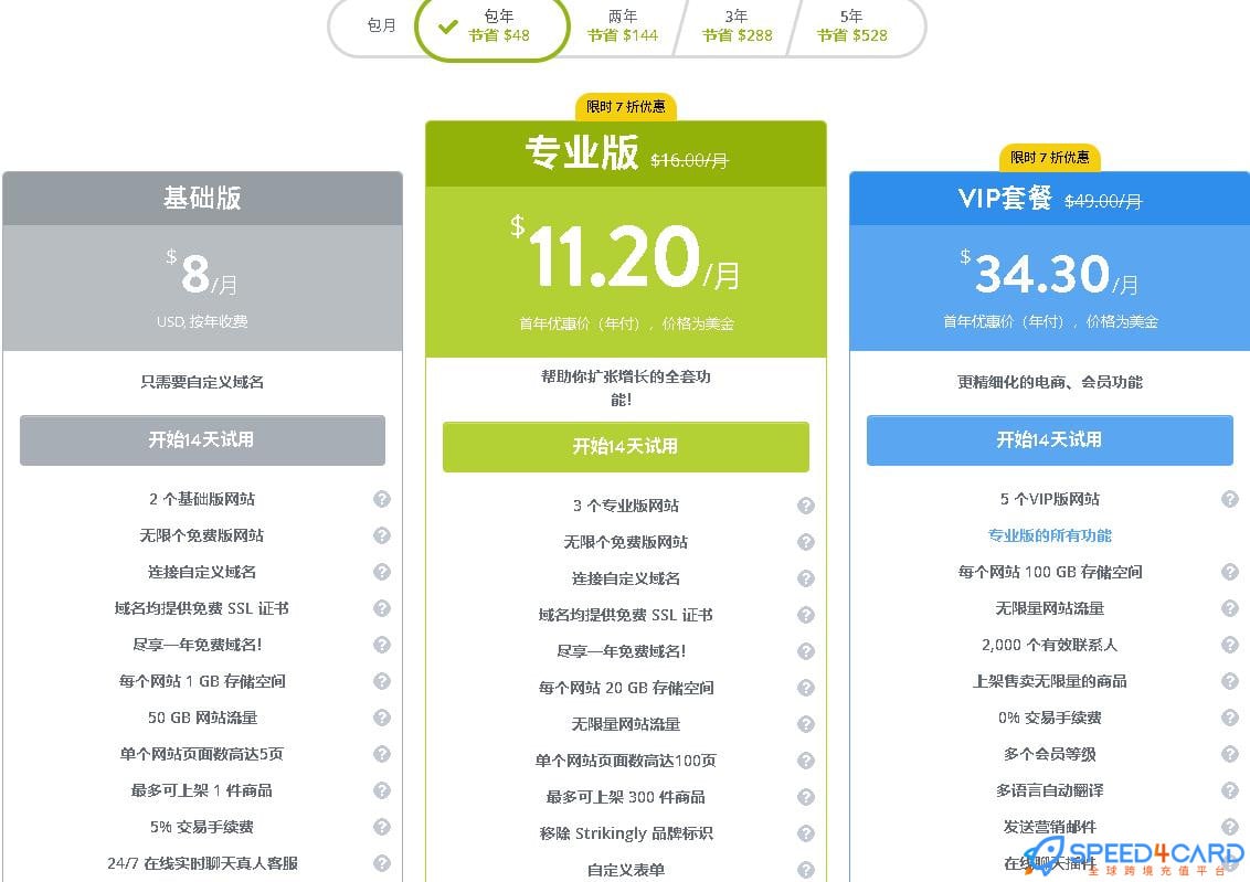 Strikingly网站构建代购代付会员套餐 【人工代购】套餐- Speed4Card专业充值平台