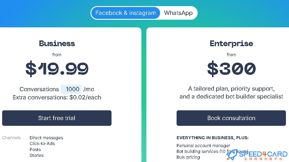 Chatfuel代购代付订阅AI [人工代购]套餐- Speed4Card专业充值平台