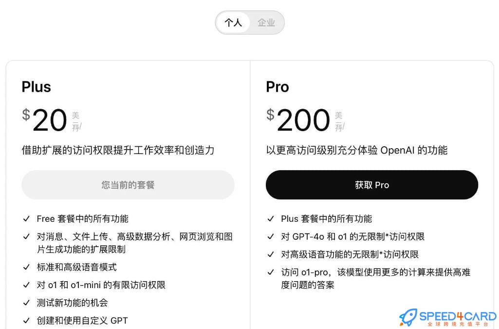 ChatGPT怎么充值会员Upgrade Plan - Speed4Card.com专业充值平台